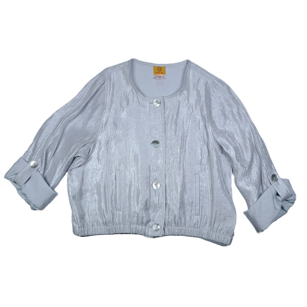 RUBY RD Womens Jacket 16 Silver Pockets Roll-Tab Sleeve Lightweight Cropped Gray